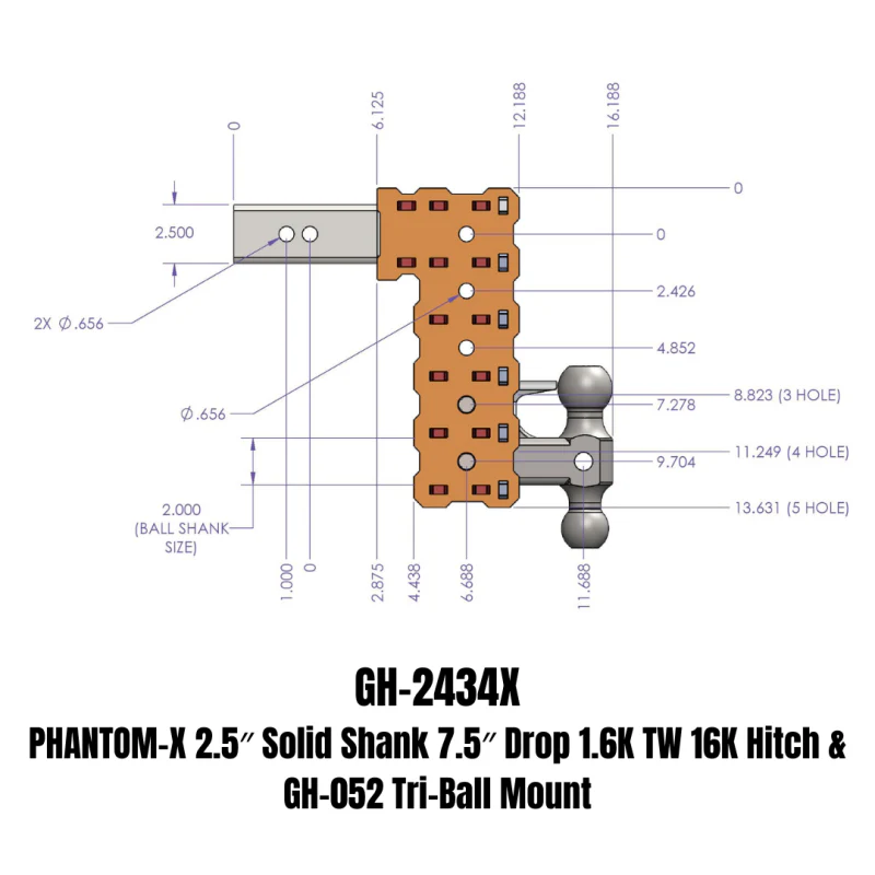 Gen-Y Phantom-X 2.5in Solid Shank 7.5in Drop 1.6K TW 16K Hitch w/GH-052 (No Flat Towing) - Image 3