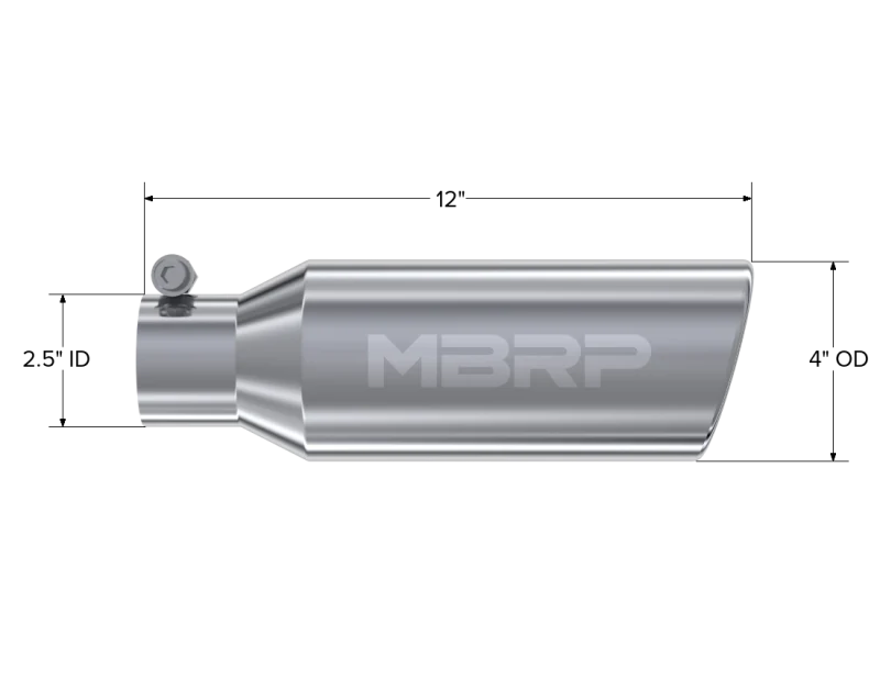 MBRP Universal Tip 4in OD 2.5in Inlet 12in Length Angled Cut Rolled End Clampless No-Weld T304 - Image 3