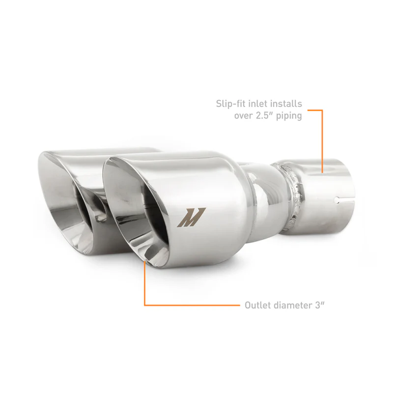 Mishimoto Dual Offset Tips 2.5in Inlet 3in Outlet Slash Cut - Polished - Image 3