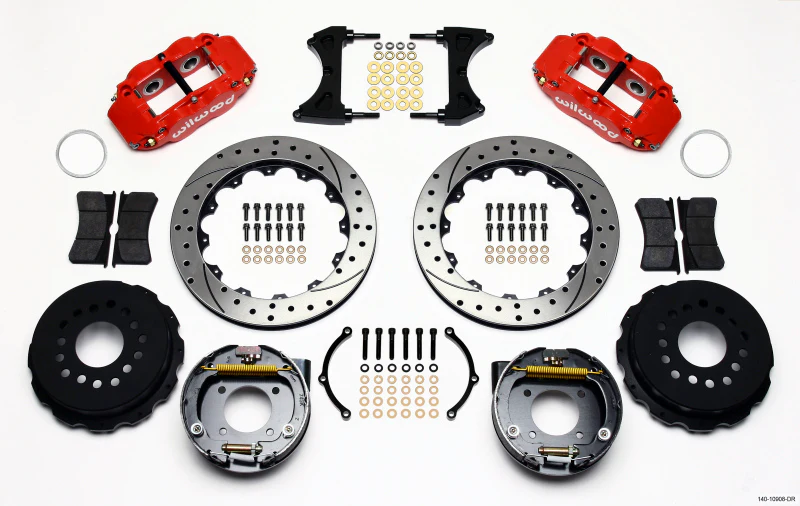 Wilwood Narrow Superlite 4R Rear P-Brk Kit 12.88in Drilled Red Chevy 12 Bolt w/ C-Clips Staggered mt